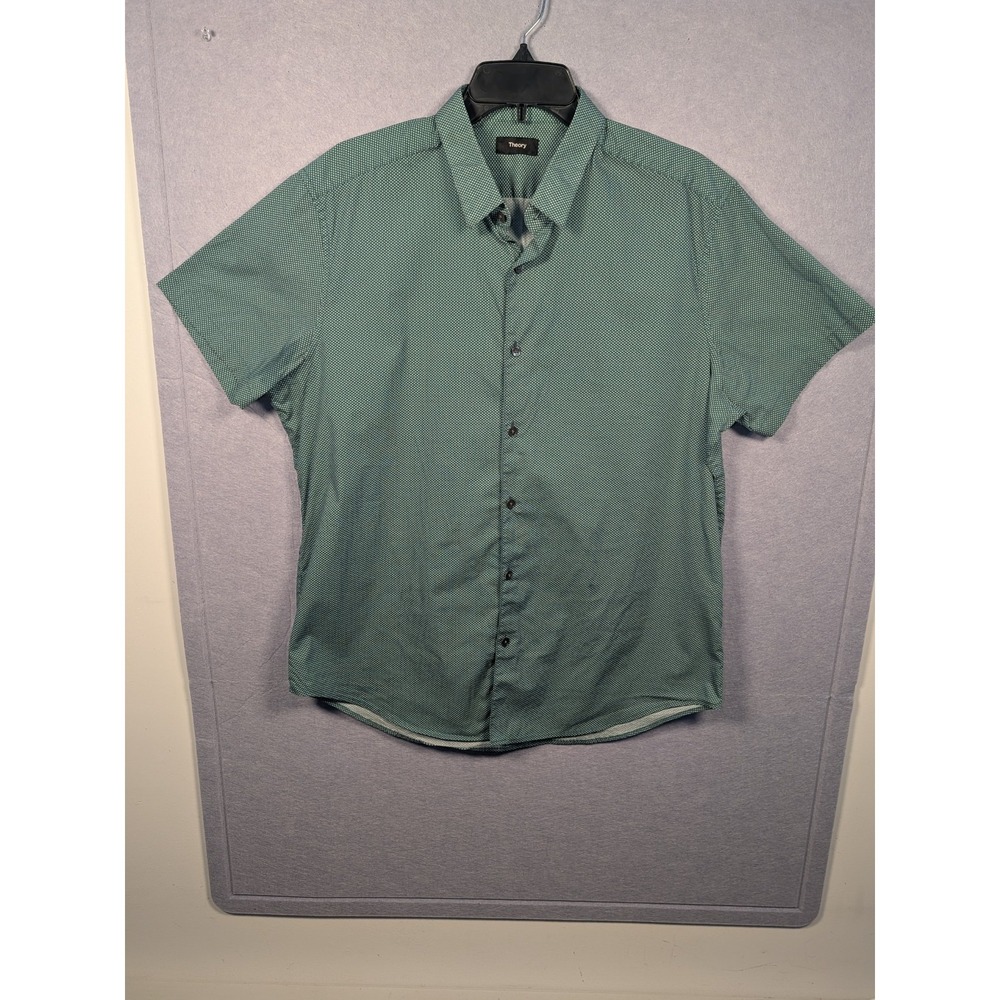 Theory Men's XL Green Geometric Cotton Woven SS Button-Up Point Collar Shirt